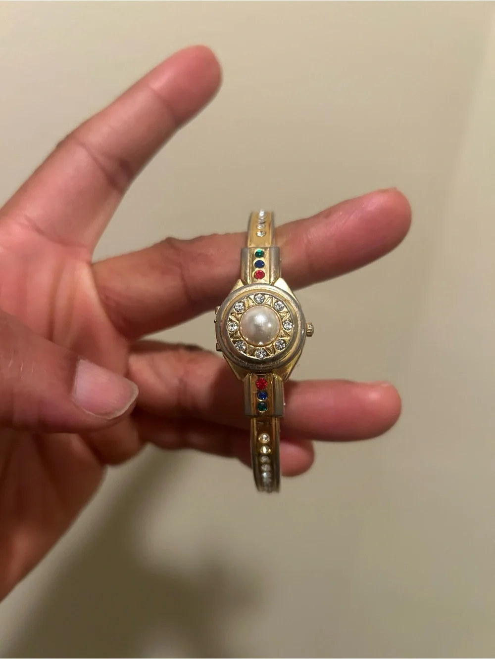 Vintage Gold-tone Women's Bracelet Watch with Multicolor Stones